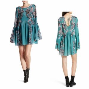 FREE PEOPLE NWT Symphony Bell Sleeve Mini Slip Dress *Jade Combo M